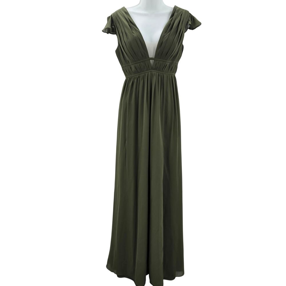 Revelry Olive Green Bridesmaid Flutter Cap Sleeve Chiffon Babydoll Maxi Dress 4